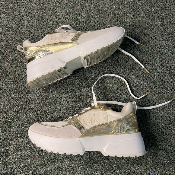 MICHEAL KORS Metallic Gold & White Neutral Chunky Logo Sneakers Platform Shoes - Picture 11 of 16